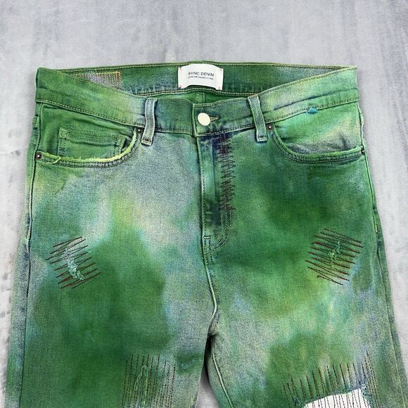 Sync Denim Jeans Mens Size 34 Green Tie Dye Distressed Skinny Jeans - Picture 3 of 16